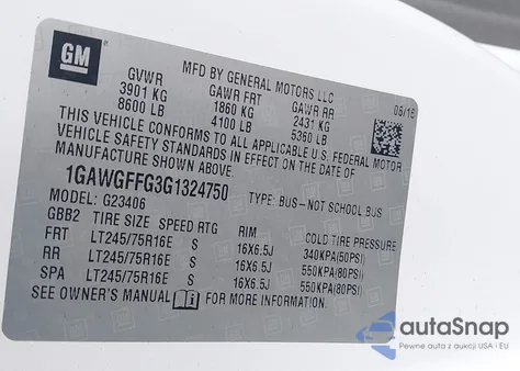 2016 Chevrolet Express 2500 Lt z USA, uszkodzony, nr VIN 1GAWGFFG3G1324750